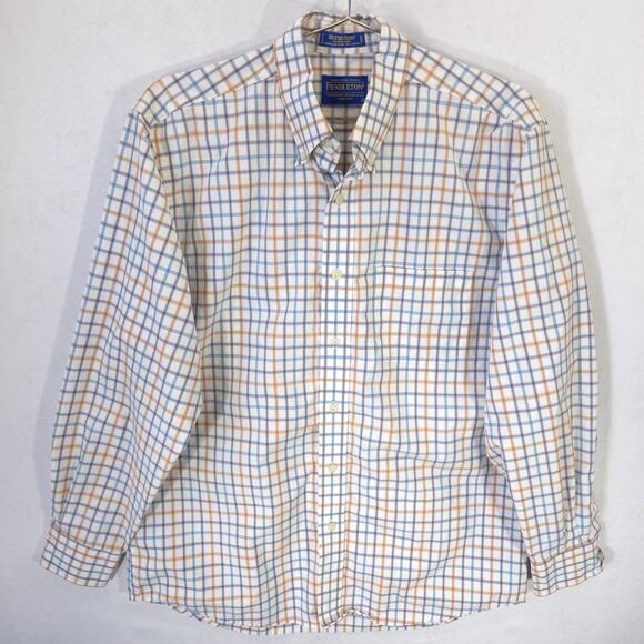Pendleton Metro Shirt Mens M Blue Orange Plaid Wrinkle Resistant Long Sleeve - Picture 2 of 9